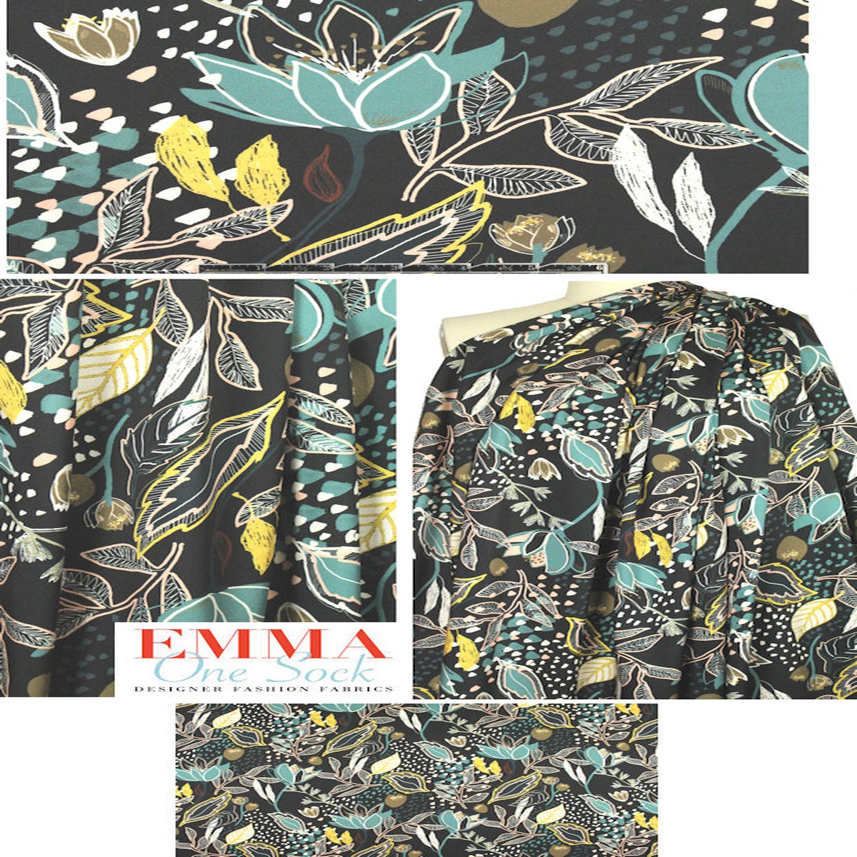 Italian 'poly-silk' twill - stylized floral on black