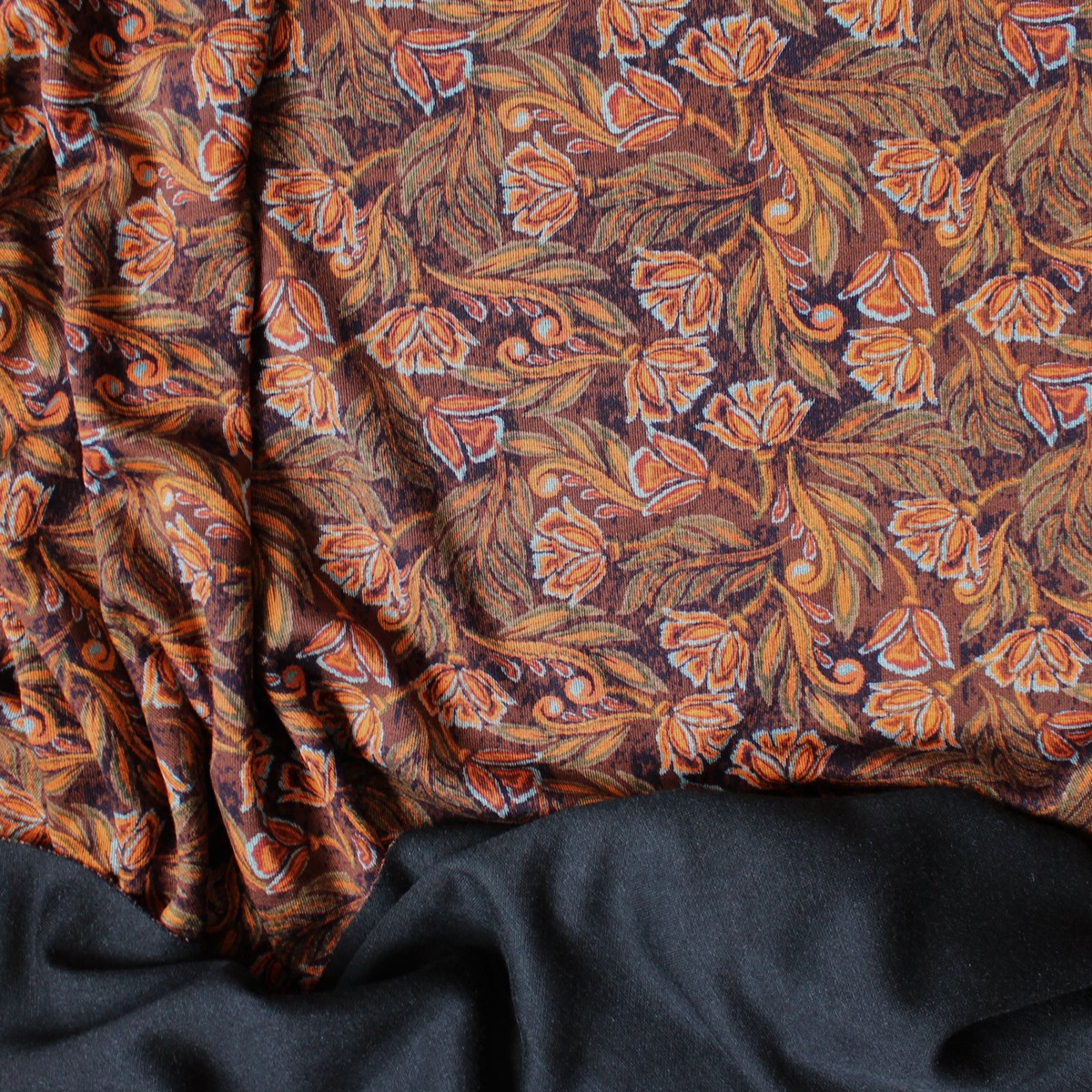 'block print floral' drapey viscose blend doubleknit, Oeko-Tex cert. - spice