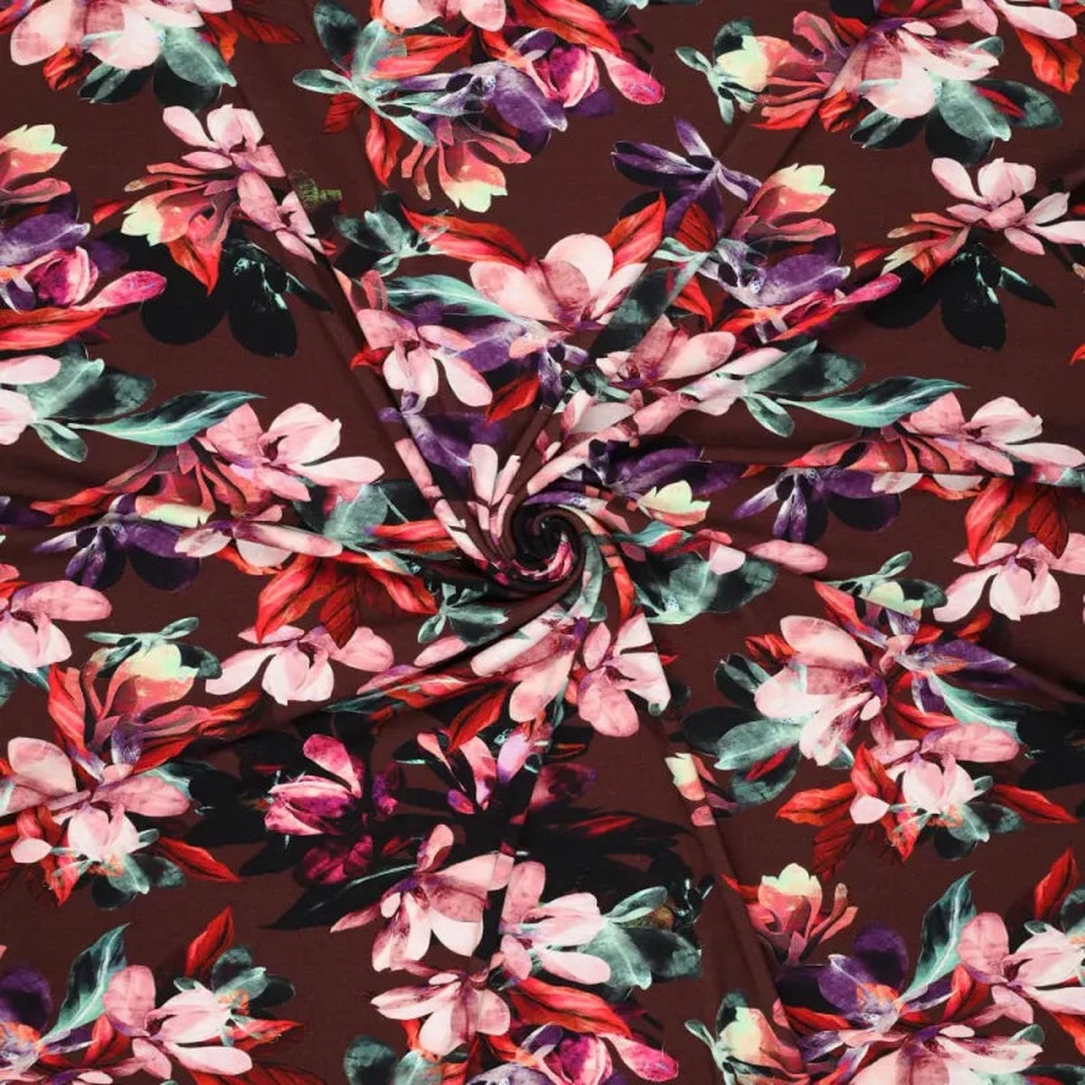 'blooms on chocolate' viscose knit, Oeko-Tex cert.
