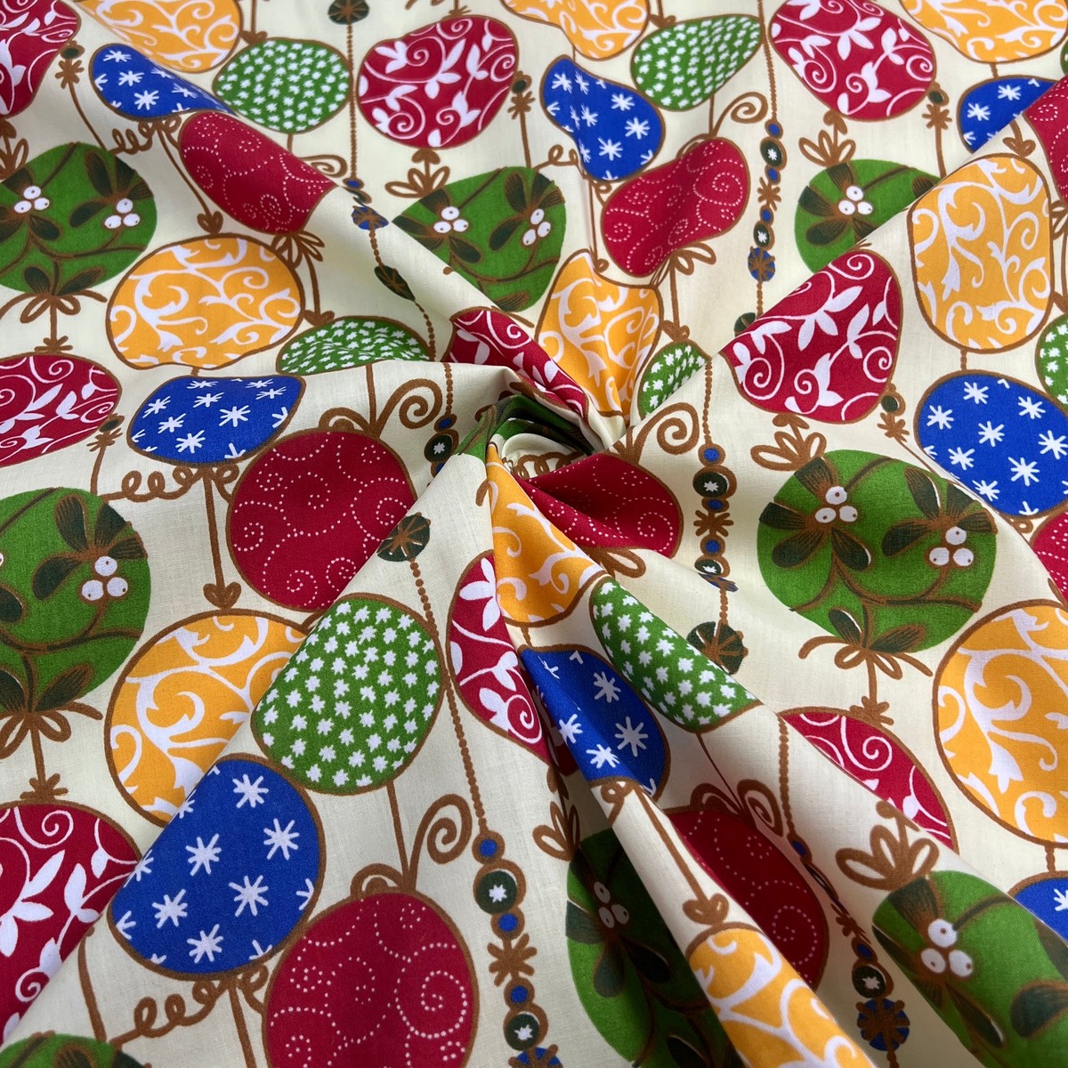 Ornaments - Ivory - Polyester/Cotton Christmas Print Shirting | SKU 8041